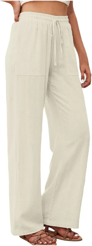 Women's Linen Pants Casual Button up High Waisted Pant Dressy Wide Leg Long Trousers Pant Palazzo Lounge Pants