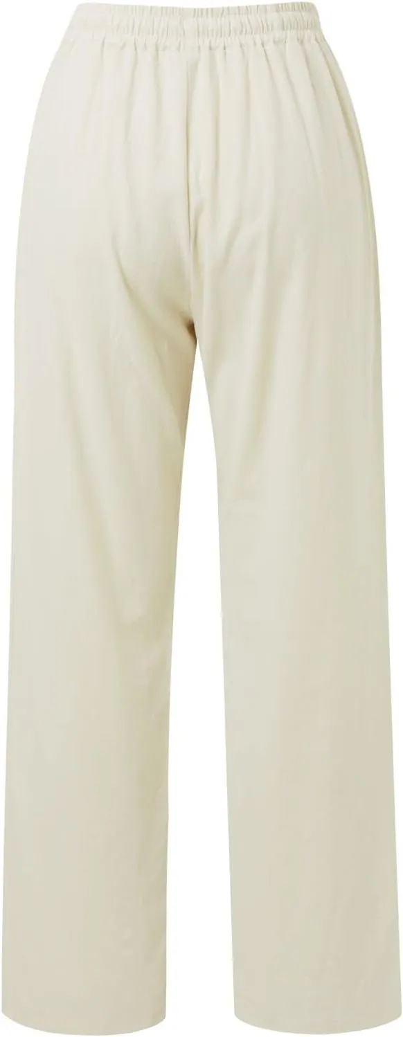 Women's Linen Pants Casual Button up High Waisted Pant Dressy Wide Leg Long Trousers Pant Palazzo Lounge Pants