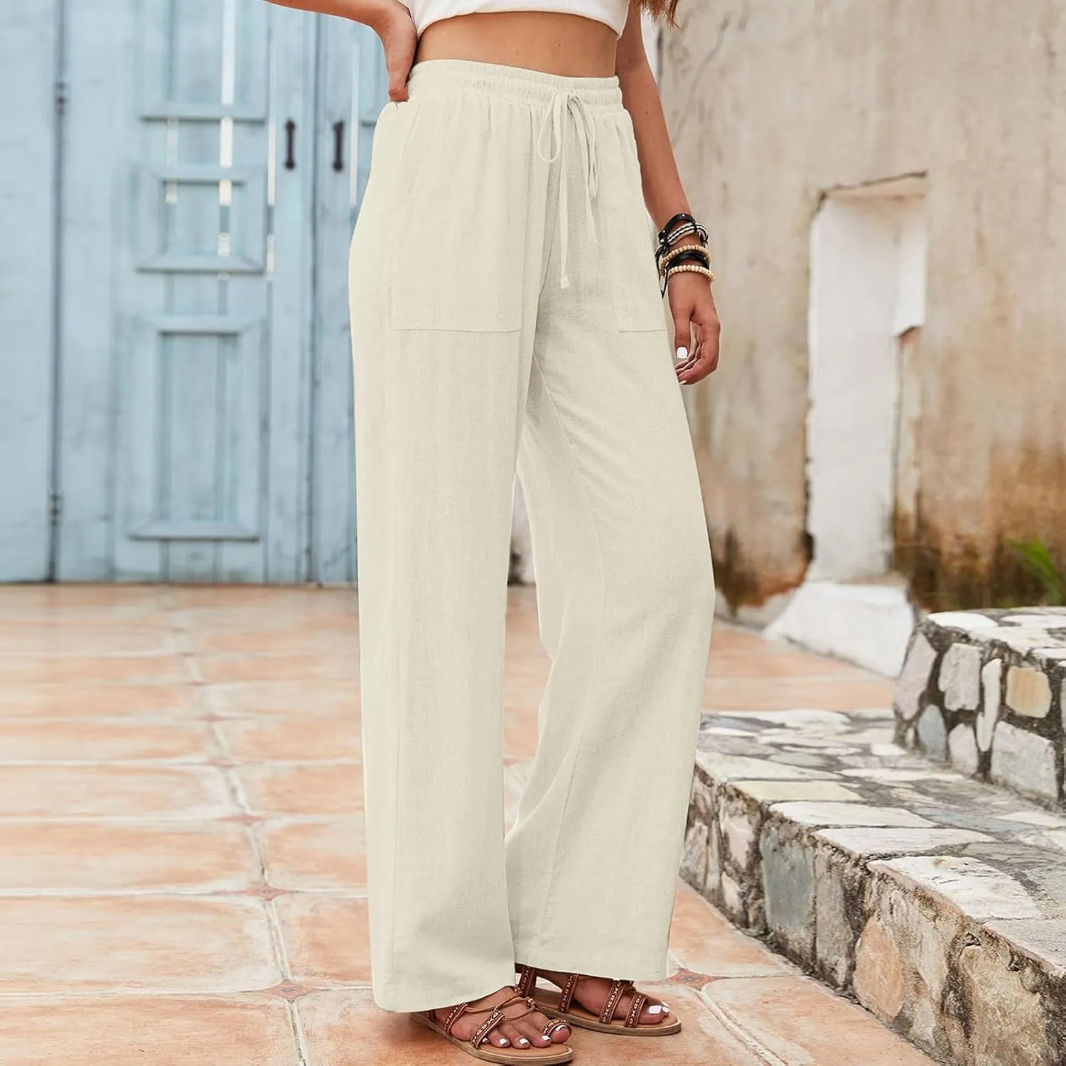 Women's Linen Pants Casual Button up High Waisted Pant Dressy Wide Leg Long Trousers Pant Palazzo Lounge Pants