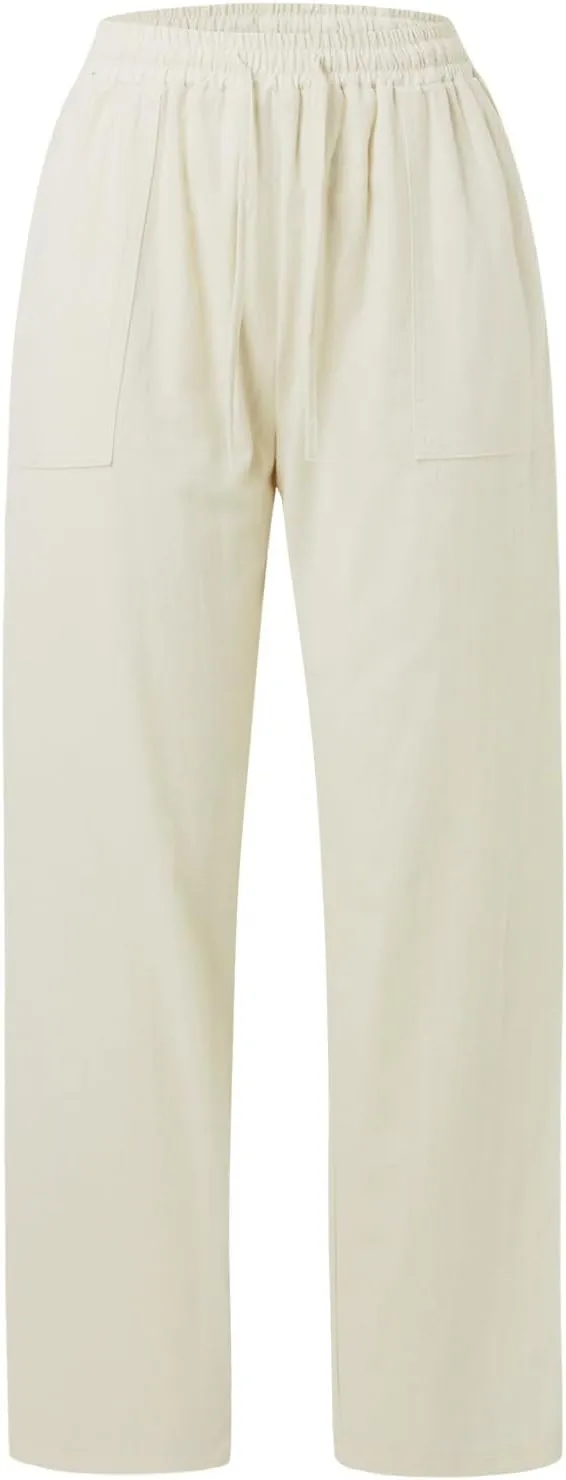 Women's Linen Pants Casual Button up High Waisted Pant Dressy Wide Leg Long Trousers Pant Palazzo Lounge Pants