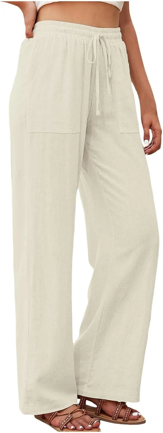 Women's Linen Pants Casual Button up High Waisted Pant Dressy Wide Leg Long Trousers Pant Palazzo Lounge Pants
