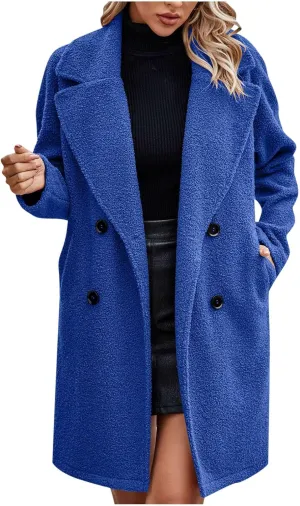 Womens Long Double Breasted Pea Coat Fuzzy Fleece Trench Coat Notch Lapel Collar Overcoat Sherpa Mid Length Jacket