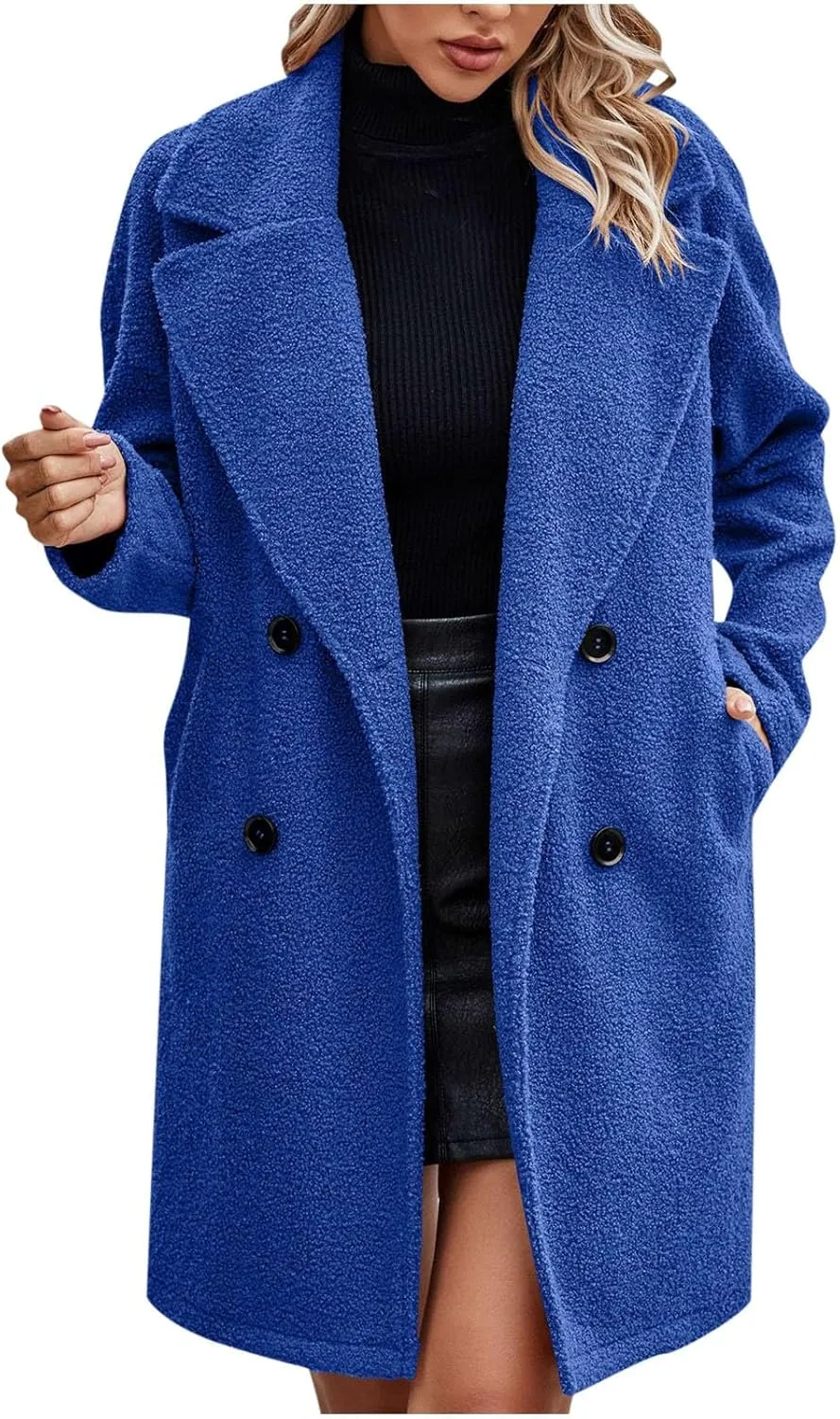 Womens Long Double Breasted Pea Coat Fuzzy Fleece Trench Coat Notch Lapel Collar Overcoat Sherpa Mid Length Jacket