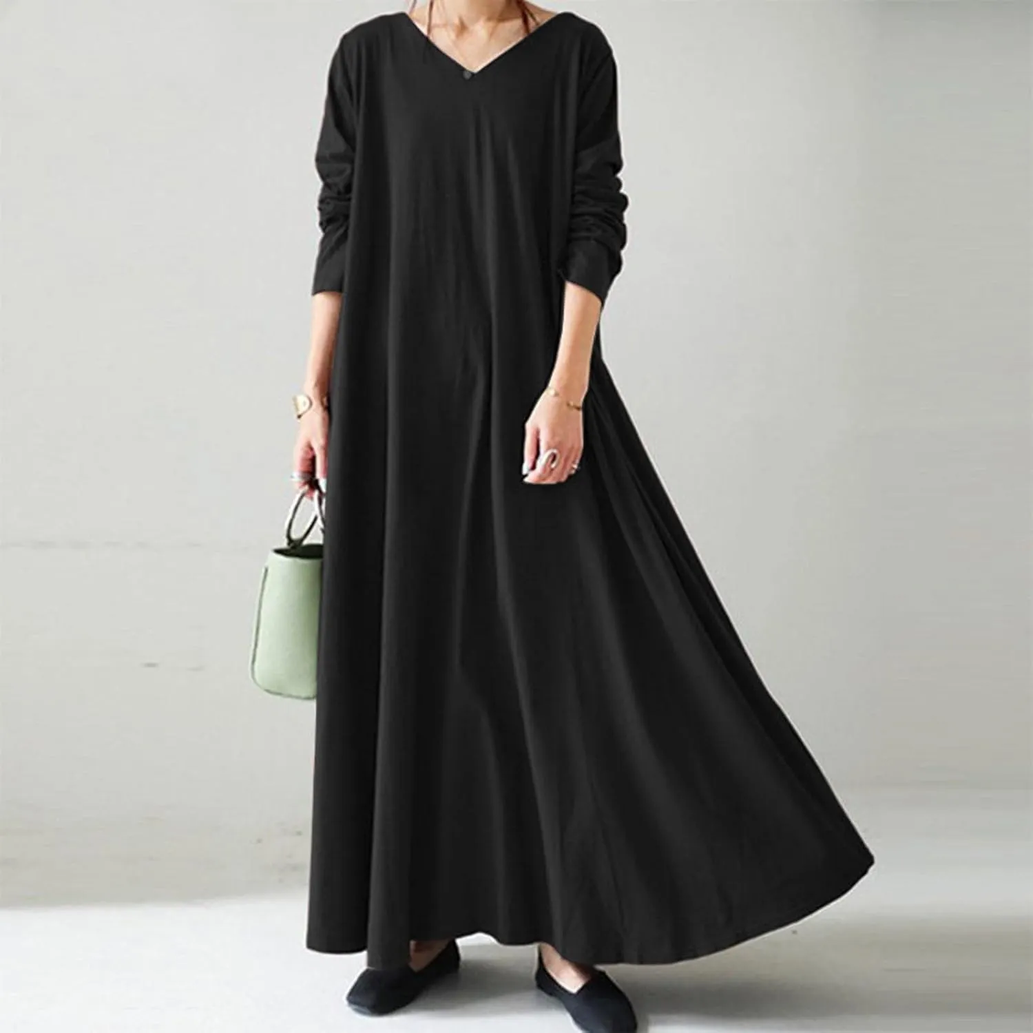 Women's Long Dresses Fall Plus Size V-Neck Pleated A Line High Low Dress Long Sleeve Lightweight Flowy Maxi Dresses