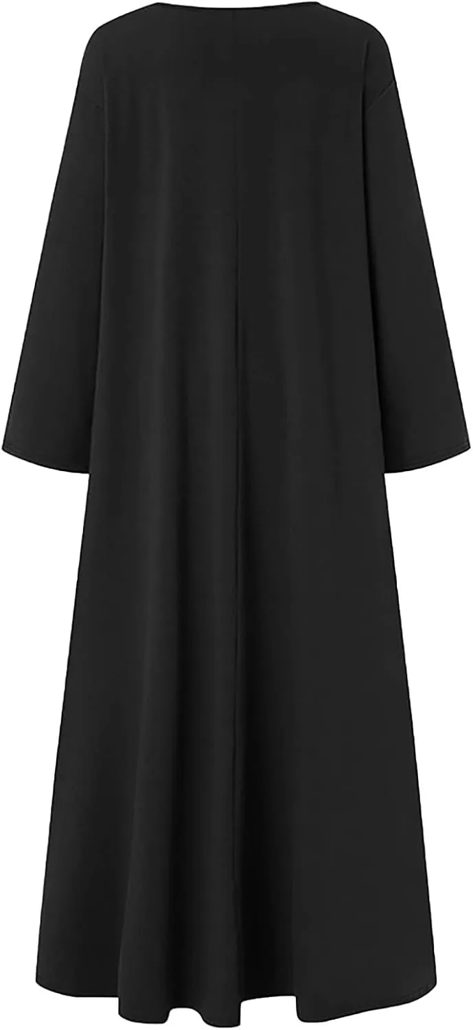 Women's Long Dresses Fall Plus Size V-Neck Pleated A Line High Low Dress Long Sleeve Lightweight Flowy Maxi Dresses
