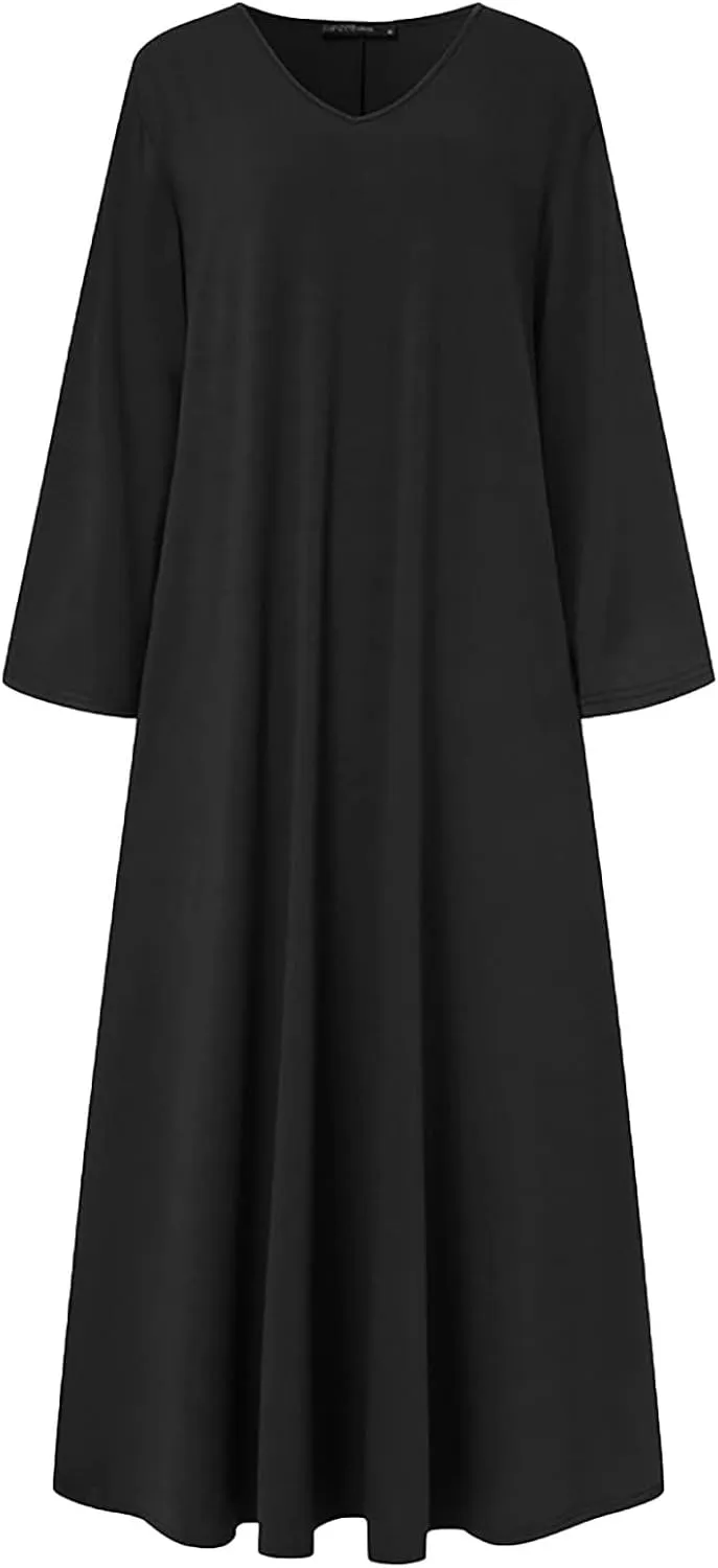 Women's Long Dresses Fall Plus Size V-Neck Pleated A Line High Low Dress Long Sleeve Lightweight Flowy Maxi Dresses