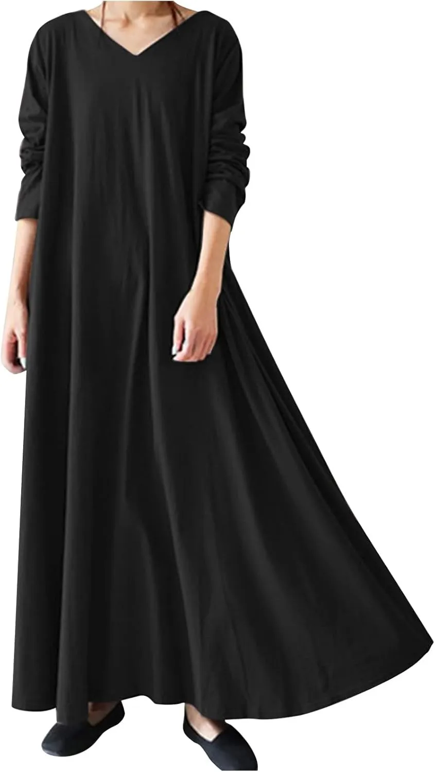 Women's Long Dresses Fall Plus Size V-Neck Pleated A Line High Low Dress Long Sleeve Lightweight Flowy Maxi Dresses