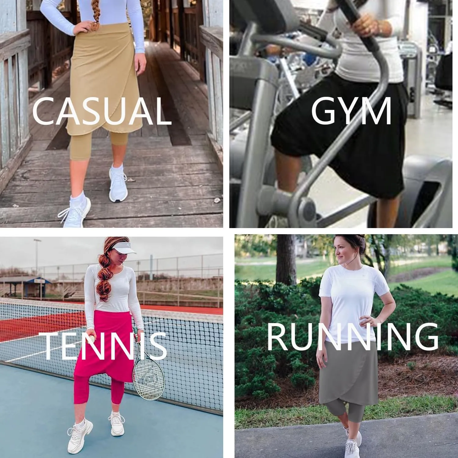 Women's Long Knee-Length Skirt with Capri Leggings, Athletic Golf Yoga Tennis Skirted Leggings with Internal Pocket