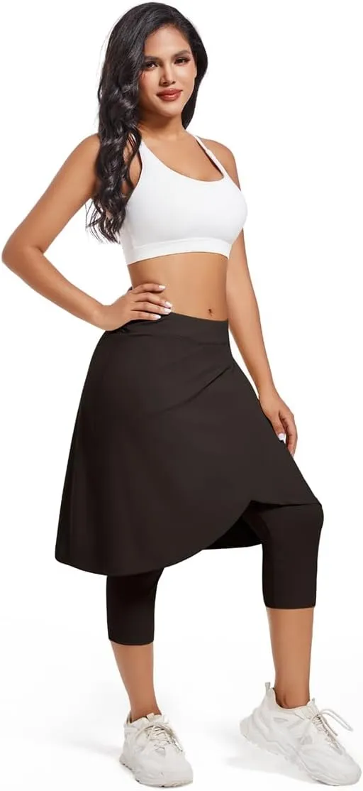 Women's Long Knee-Length Skirt with Capri Leggings, Athletic Golf Yoga Tennis Skirted Leggings with Internal Pocket