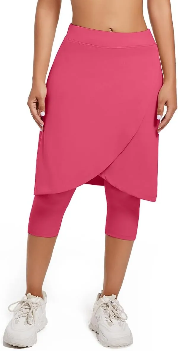 Women's Long Knee-Length Skirt with Capri Leggings, Athletic Golf Yoga Tennis Skirted Leggings with Internal Pocket