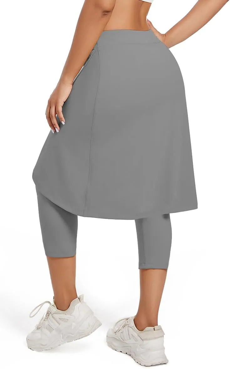 Women's Long Knee-Length Skirt with Capri Leggings, Athletic Golf Yoga Tennis Skirted Leggings with Internal Pocket