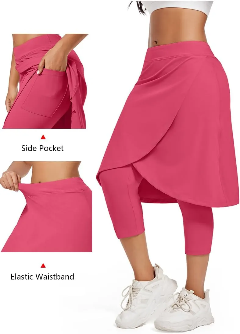 Women's Long Knee-Length Skirt with Capri Leggings, Athletic Golf Yoga Tennis Skirted Leggings with Internal Pocket