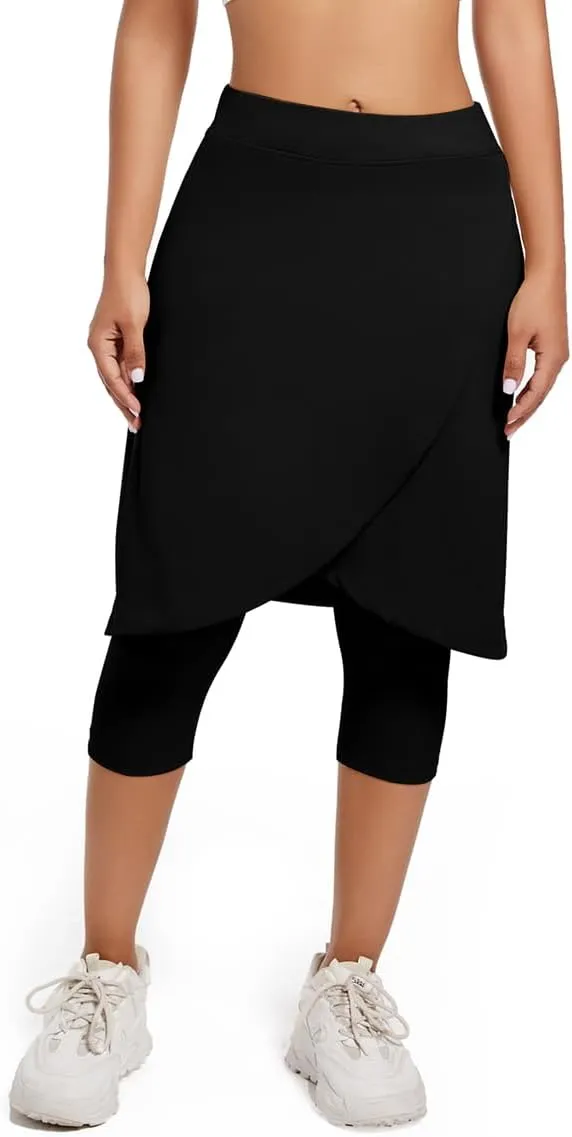Women's Long Knee-Length Skirt with Capri Leggings, Athletic Golf Yoga Tennis Skirted Leggings with Internal Pocket