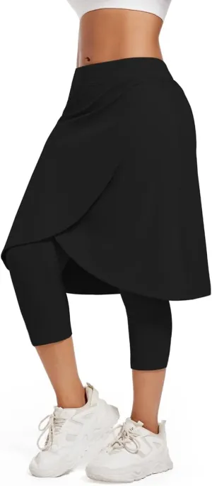 Women's Long Knee-Length Skirt with Capri Leggings, Athletic Golf Yoga Tennis Skirted Leggings with Internal Pocket