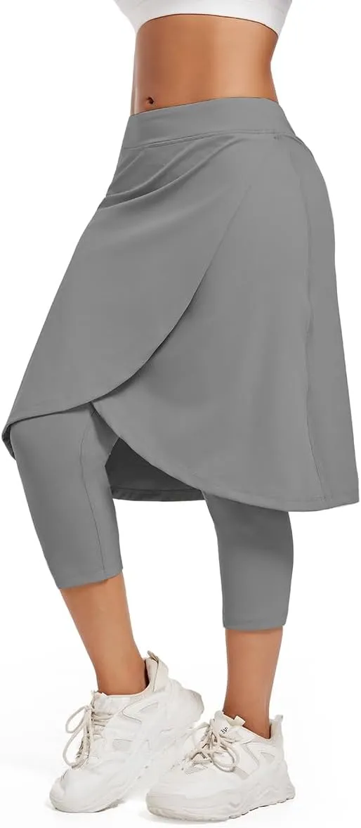 Women's Long Knee-Length Skirt with Capri Leggings, Athletic Golf Yoga Tennis Skirted Leggings with Internal Pocket
