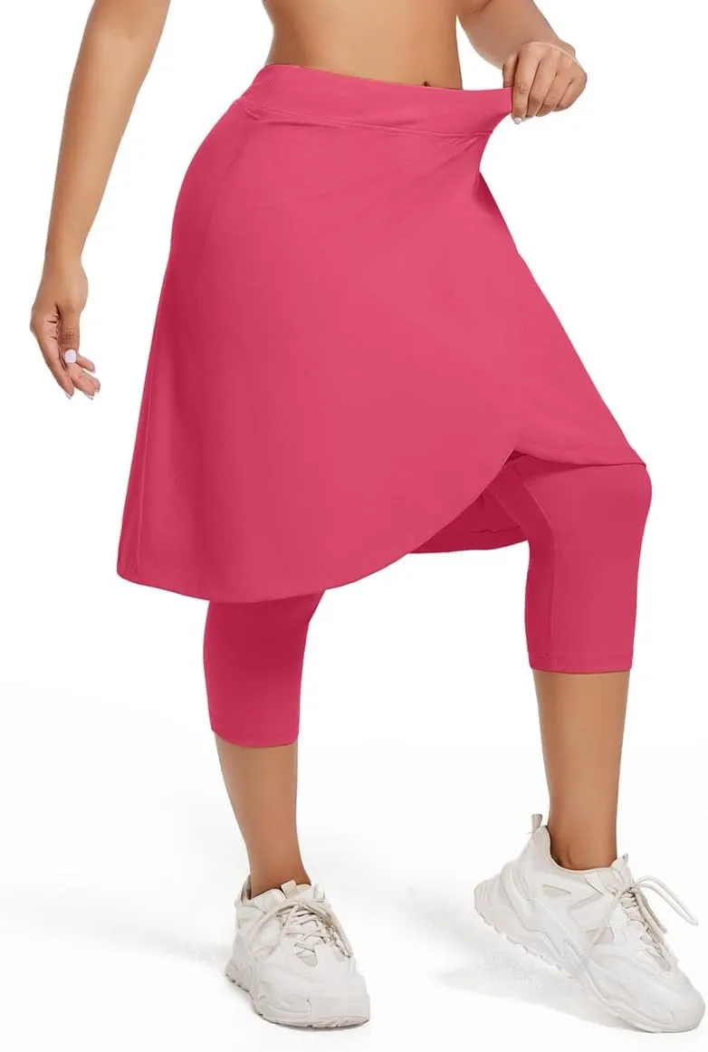 Women's Long Knee-Length Skirt with Capri Leggings, Athletic Golf Yoga Tennis Skirted Leggings with Internal Pocket