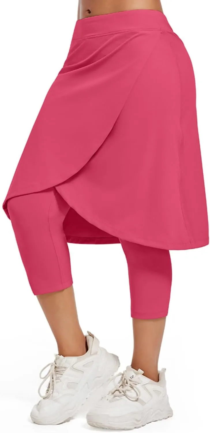Women's Long Knee-Length Skirt with Capri Leggings, Athletic Golf Yoga Tennis Skirted Leggings with Internal Pocket