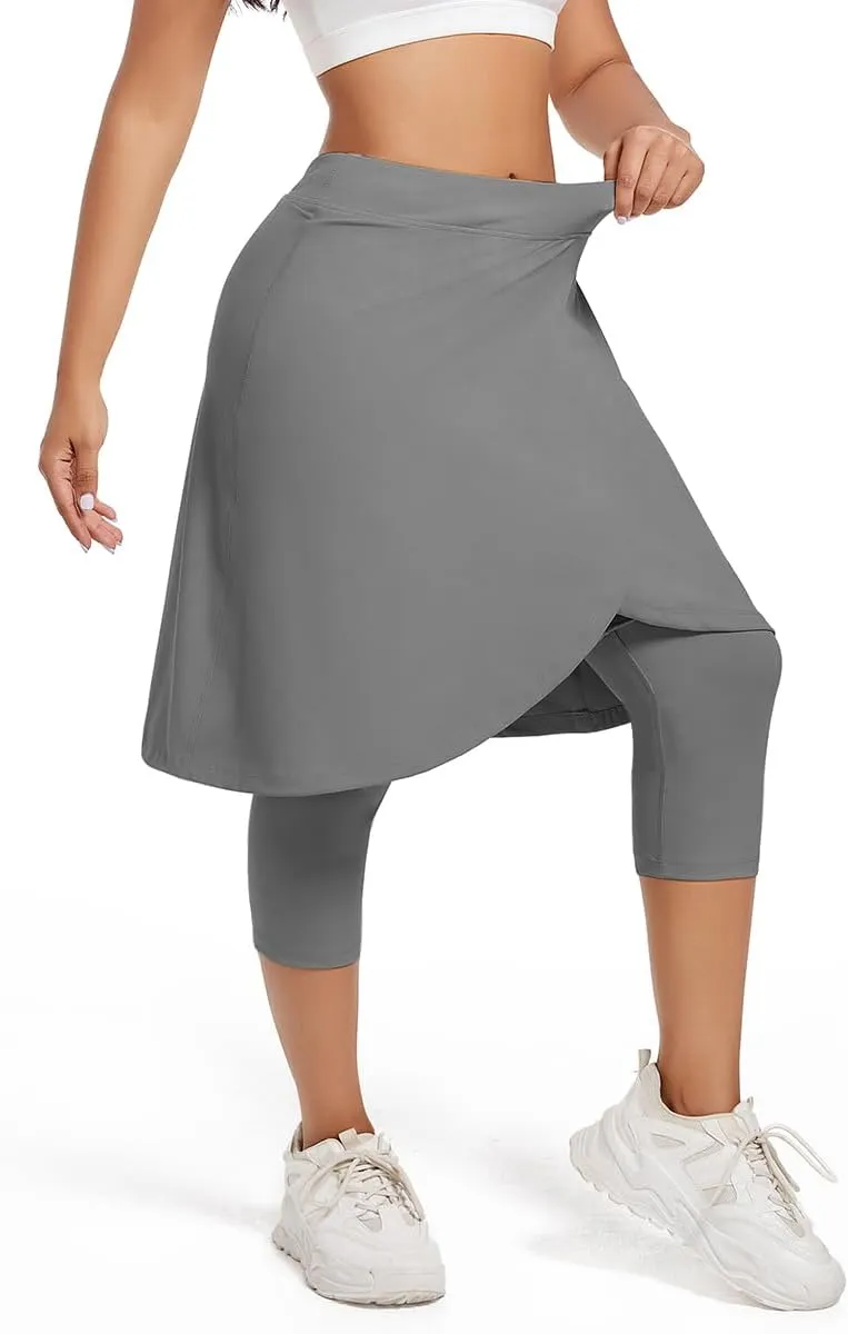 Women's Long Knee-Length Skirt with Capri Leggings, Athletic Golf Yoga Tennis Skirted Leggings with Internal Pocket