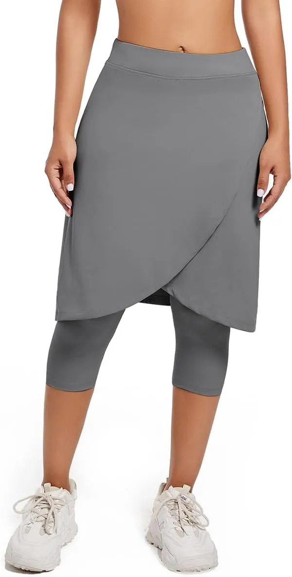 Women's Long Knee-Length Skirt with Capri Leggings, Athletic Golf Yoga Tennis Skirted Leggings with Internal Pocket