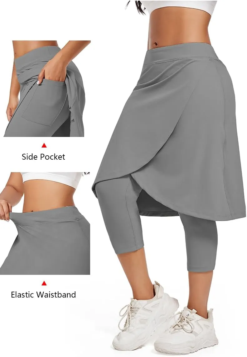 Women's Long Knee-Length Skirt with Capri Leggings, Athletic Golf Yoga Tennis Skirted Leggings with Internal Pocket