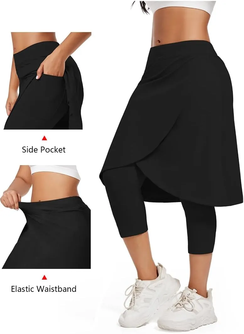 Women's Long Knee-Length Skirt with Capri Leggings, Athletic Golf Yoga Tennis Skirted Leggings with Internal Pocket