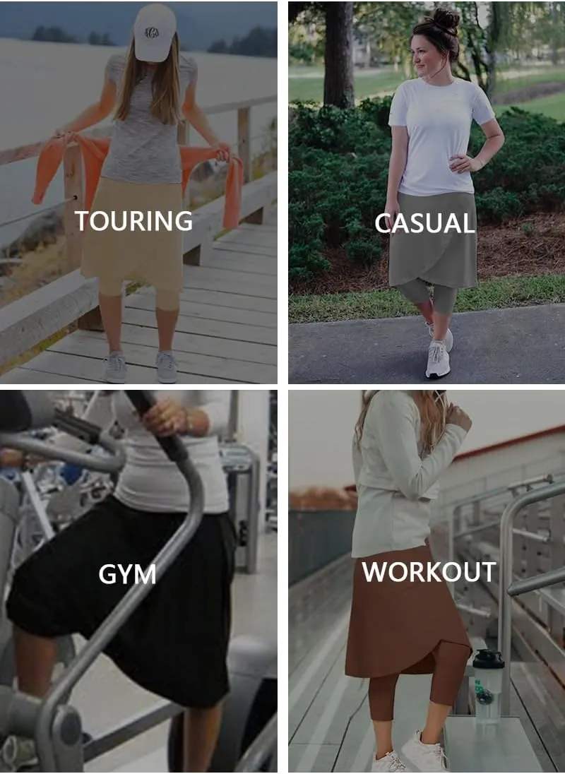 Women's Long Knee-Length Skirt with Capri Leggings, Athletic Golf Yoga Tennis Skirted Leggings with Internal Pocket