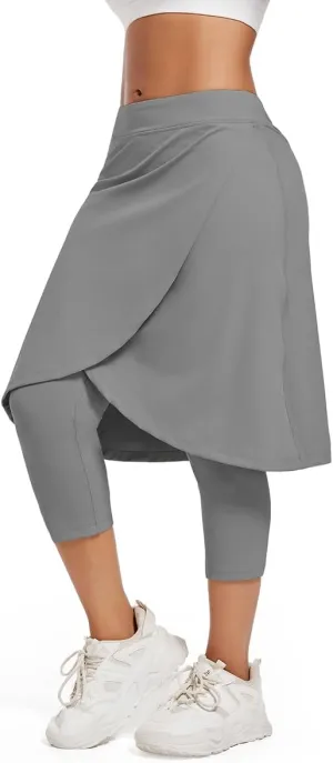Women's Long Knee-Length Skirt with Capri Leggings, Athletic Golf Yoga Tennis Skirted Leggings with Internal Pocket