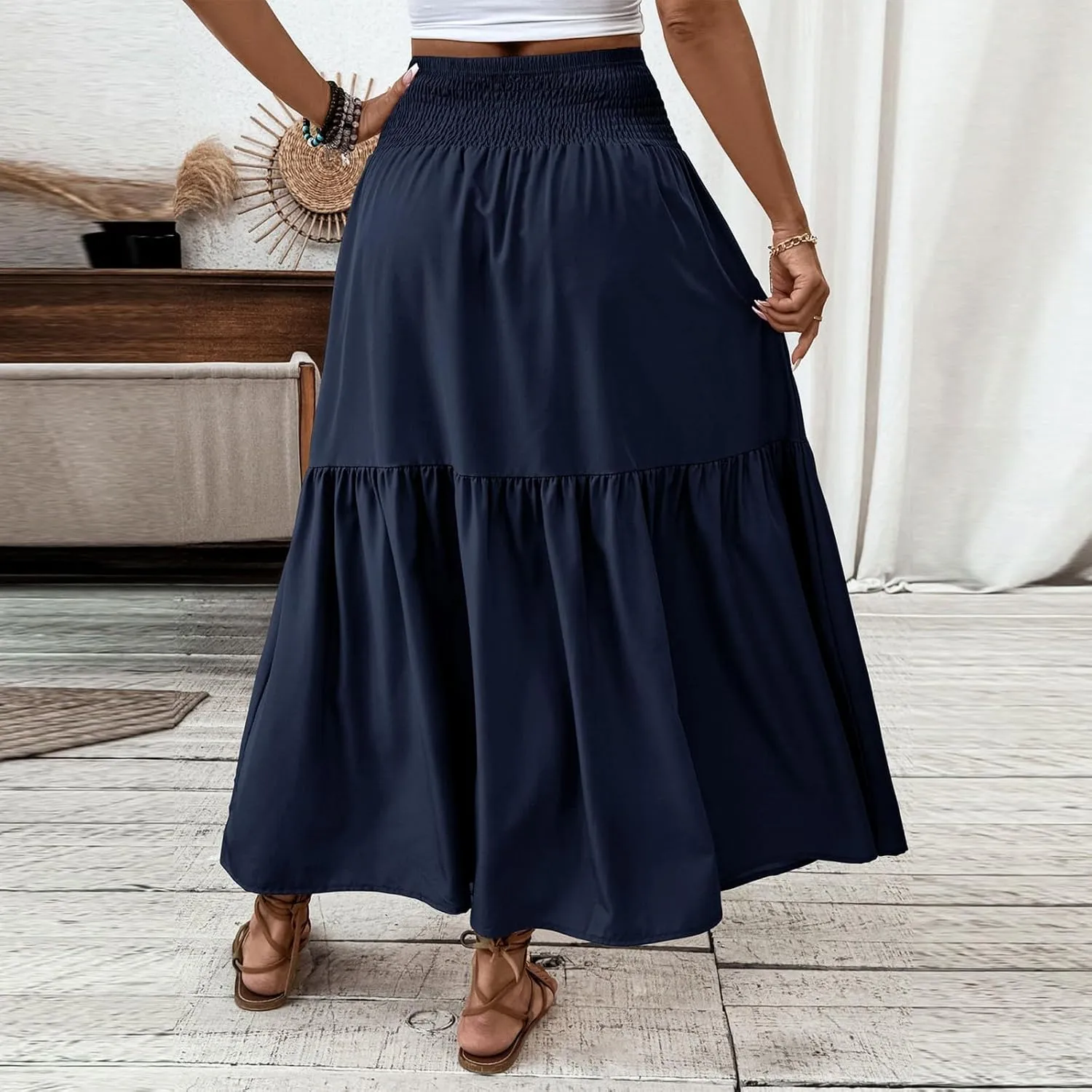 Women's Long Skirts Boho Swing Solid Stretch High Waist Tiered A-Line Maxi Skirt with Pockets, S-XL