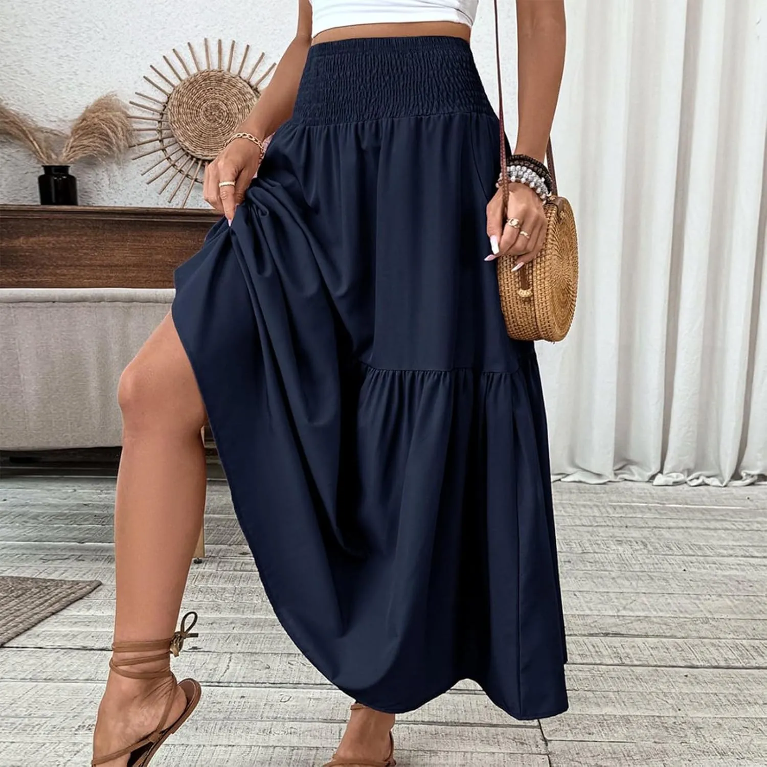 Women's Long Skirts Boho Swing Solid Stretch High Waist Tiered A-Line Maxi Skirt with Pockets, S-XL