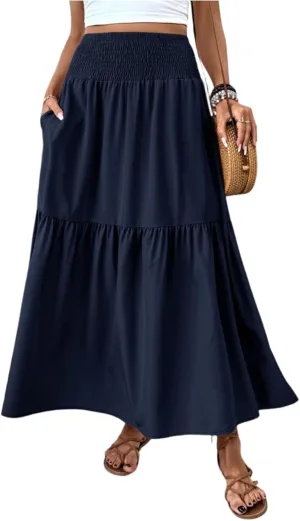 Women's Long Skirts Boho Swing Solid Stretch High Waist Tiered A-Line Maxi Skirt with Pockets, S-XL