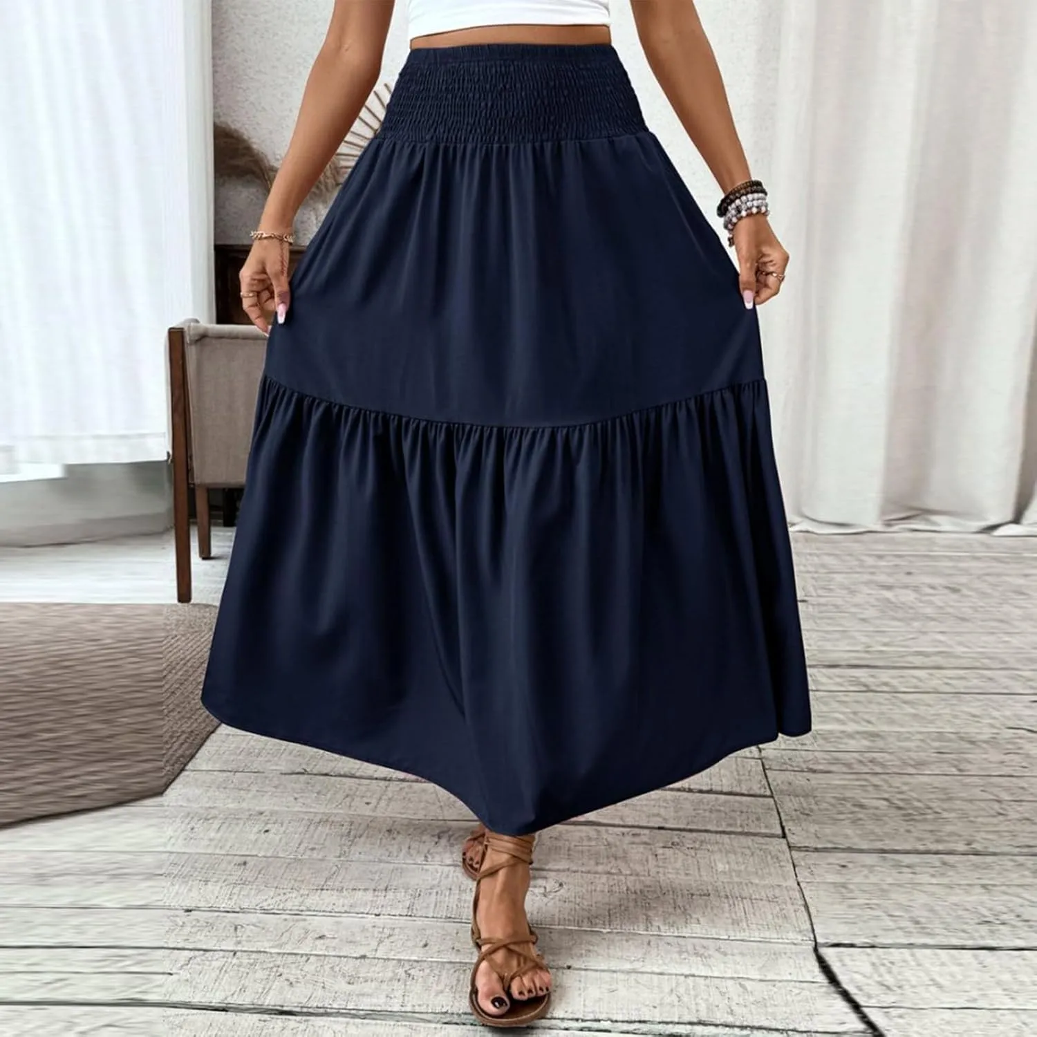 Women's Long Skirts Boho Swing Solid Stretch High Waist Tiered A-Line Maxi Skirt with Pockets, S-XL