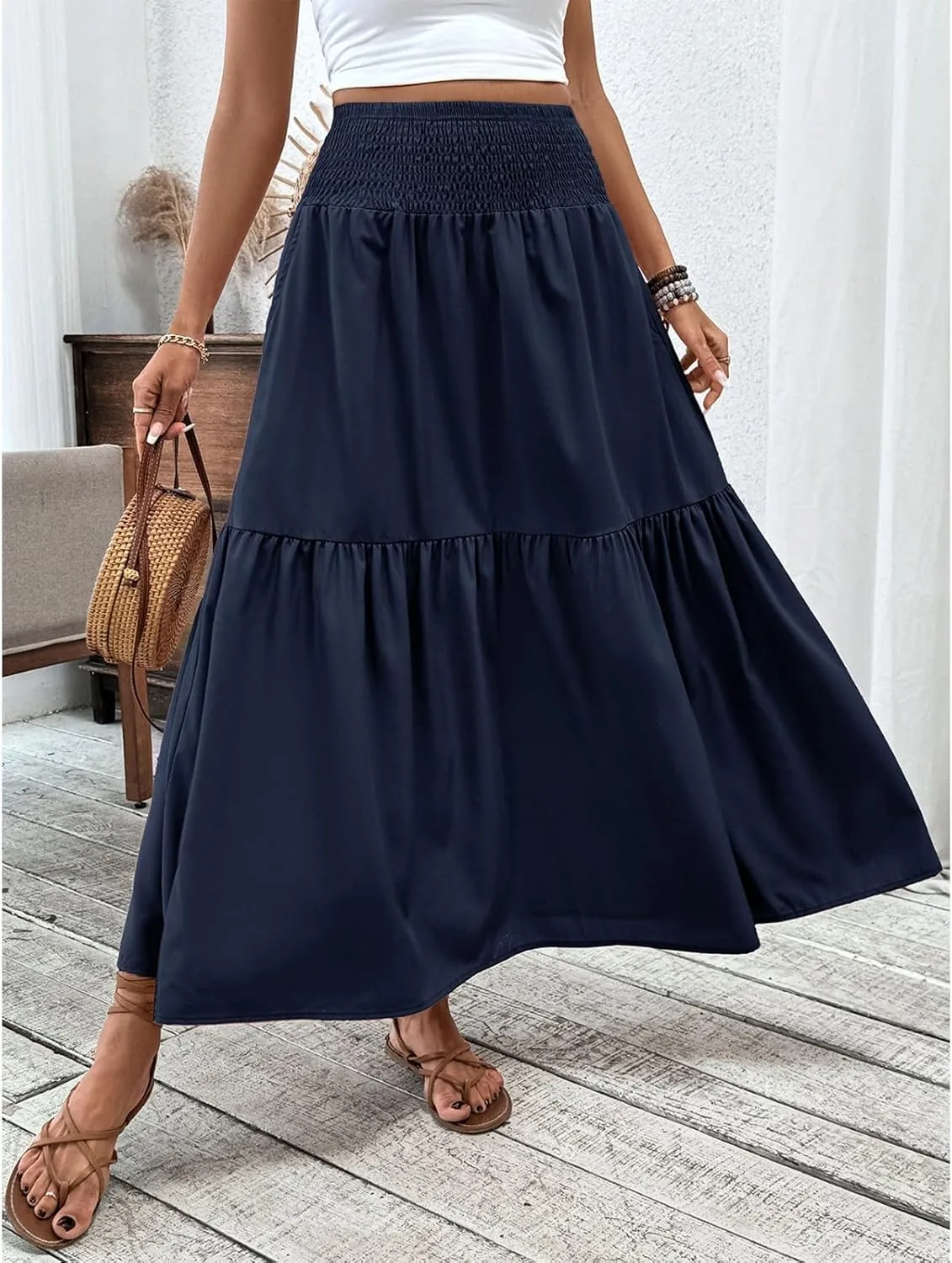 Women's Long Skirts Boho Swing Solid Stretch High Waist Tiered A-Line Maxi Skirt with Pockets, S-XL