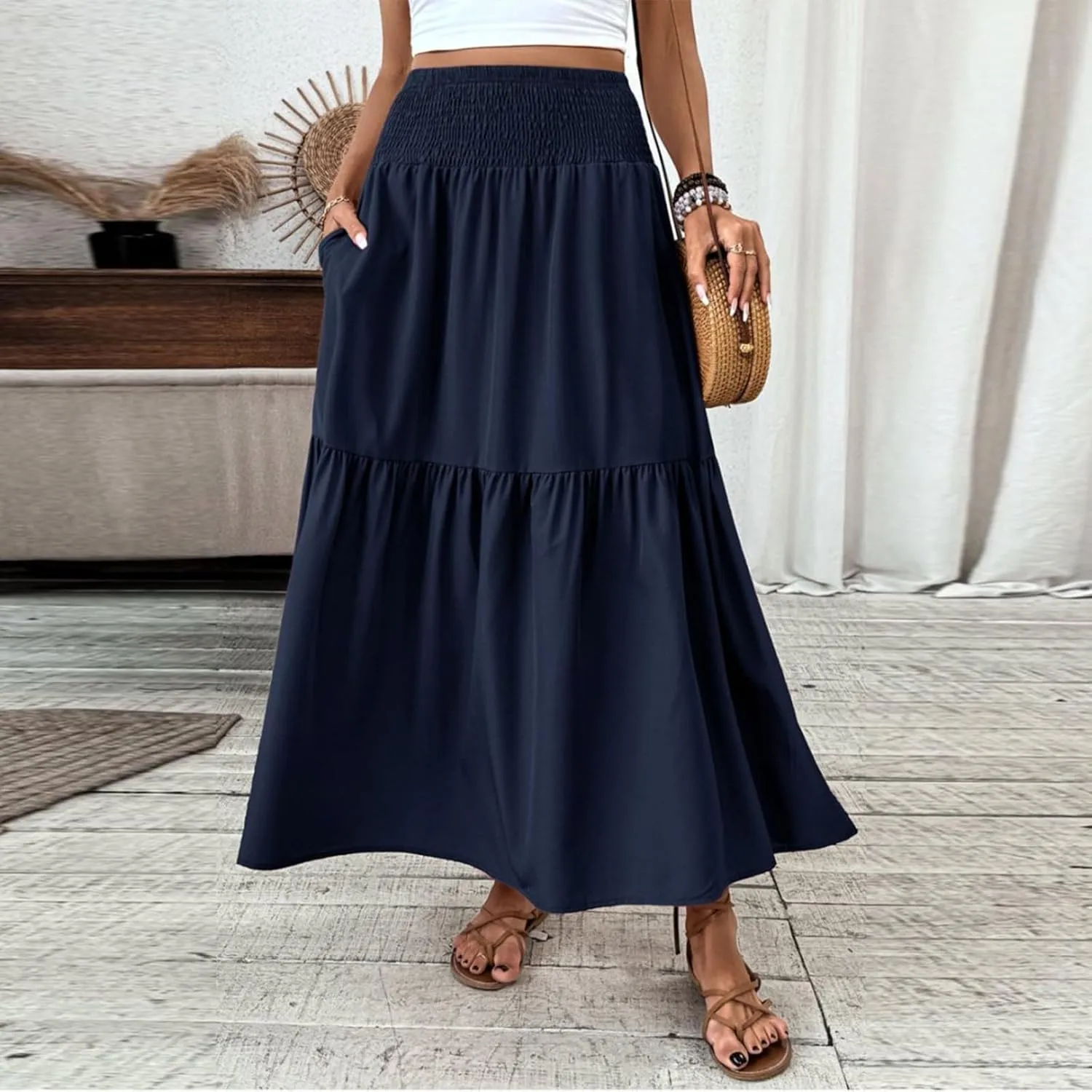 Women's Long Skirts Boho Swing Solid Stretch High Waist Tiered A-Line Maxi Skirt with Pockets, S-XL