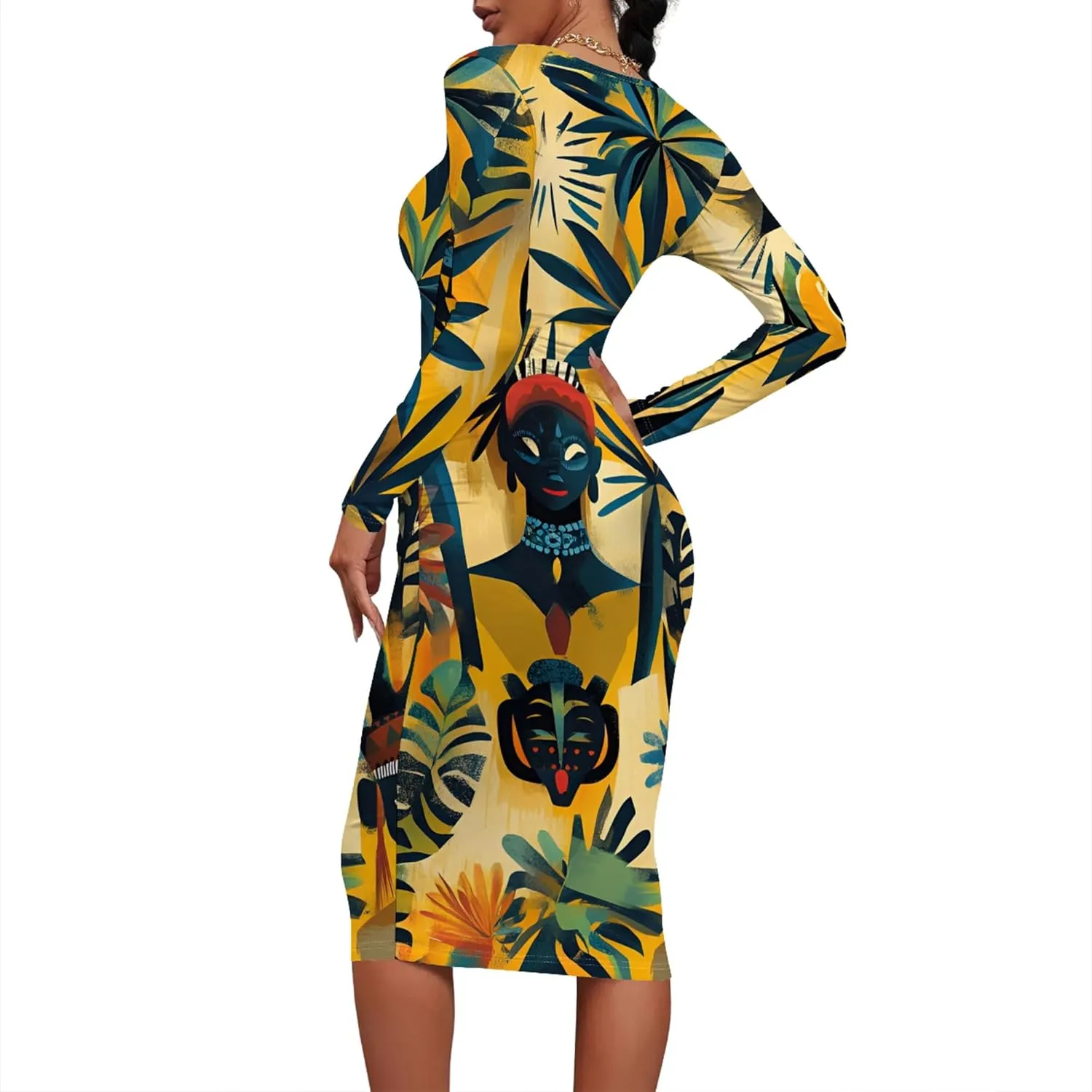 Women's Long Sleeve Sexy Bodycon Dress Club Curve Pencil Skirt Knee Length Basic African Style Party Dress