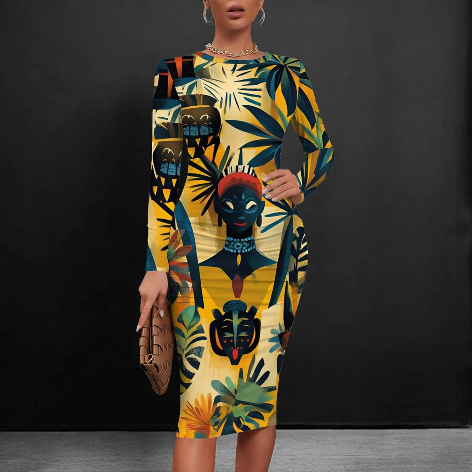 Women's Long Sleeve Sexy Bodycon Dress Club Curve Pencil Skirt Knee Length Basic African Style Party Dress