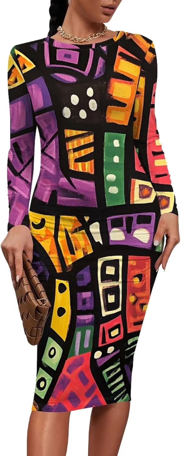 Women's Long Sleeve Sexy Bodycon Dress Club Curve Pencil Skirt Knee Length Basic African Style Party Dress