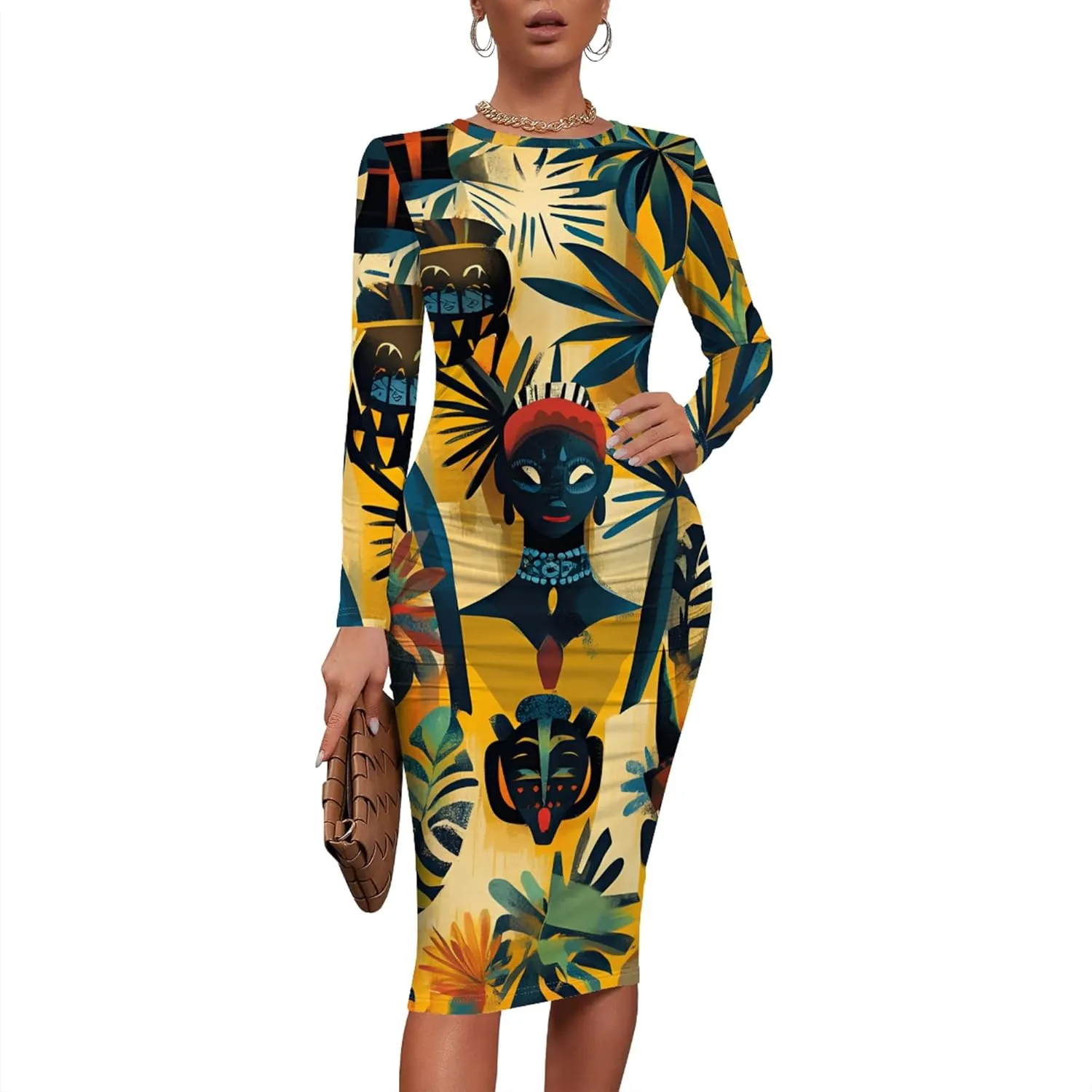 Women's Long Sleeve Sexy Bodycon Dress Club Curve Pencil Skirt Knee Length Basic African Style Party Dress