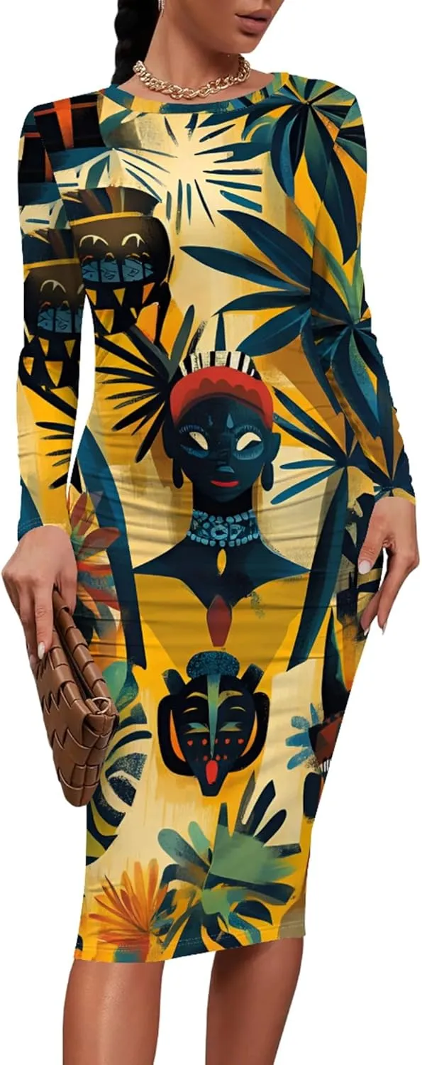 Women's Long Sleeve Sexy Bodycon Dress Club Curve Pencil Skirt Knee Length Basic African Style Party Dress