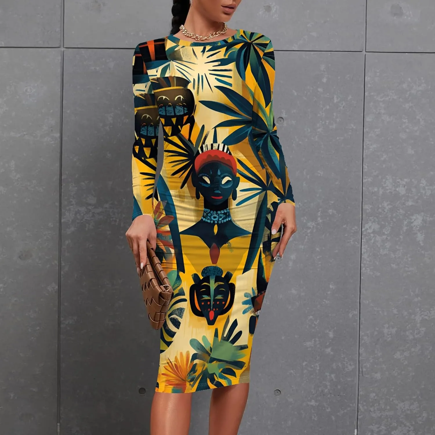 Women's Long Sleeve Sexy Bodycon Dress Club Curve Pencil Skirt Knee Length Basic African Style Party Dress