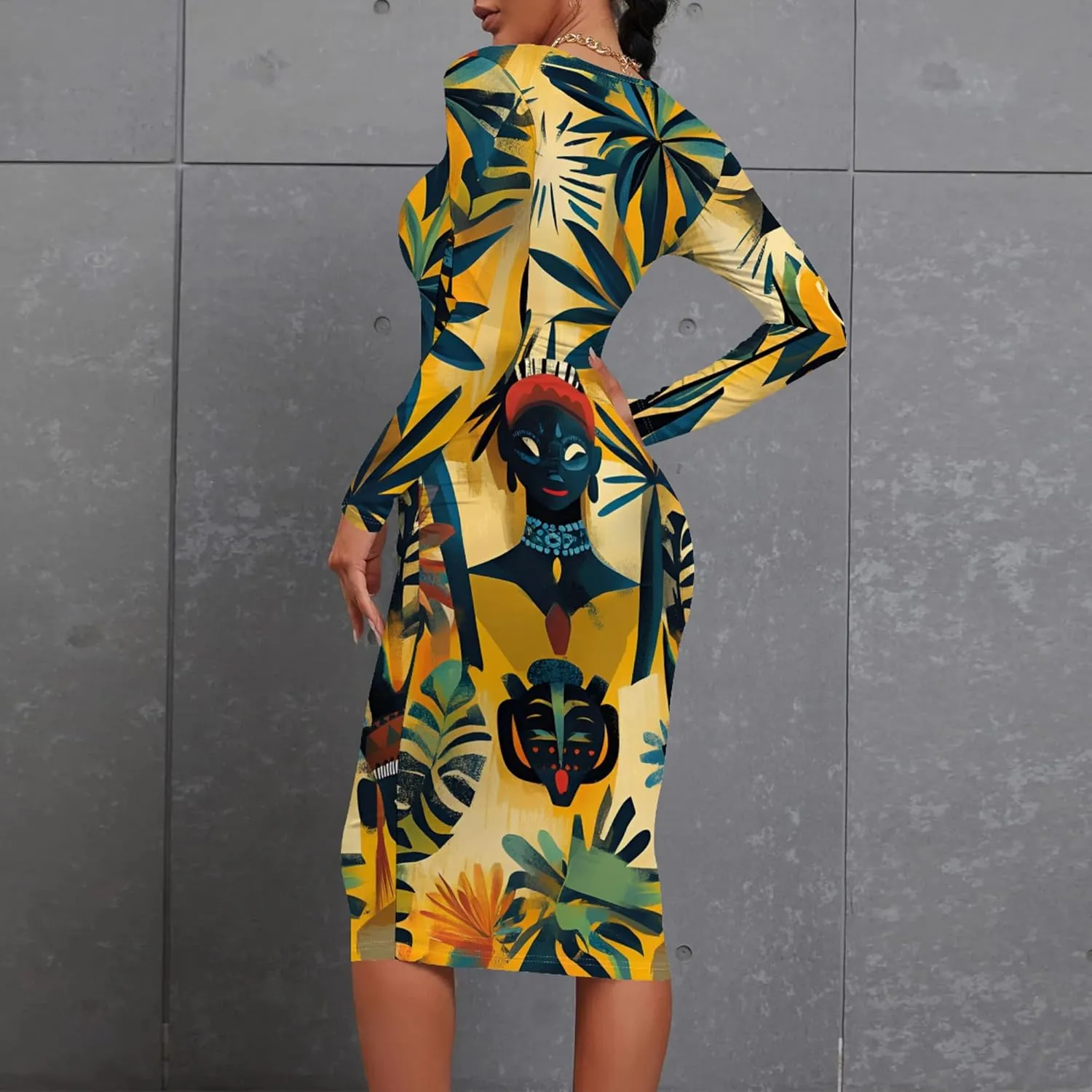 Women's Long Sleeve Sexy Bodycon Dress Club Curve Pencil Skirt Knee Length Basic African Style Party Dress