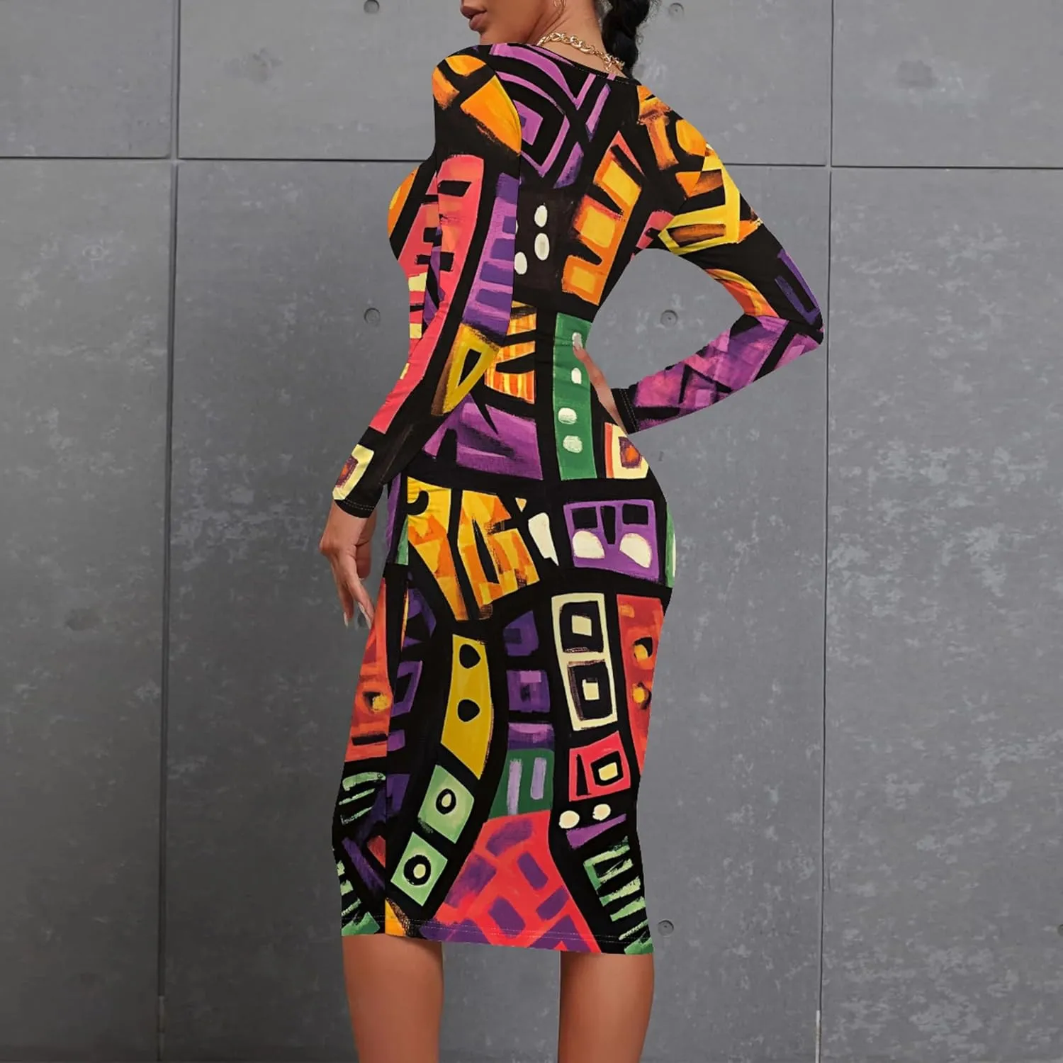 Women's Long Sleeve Sexy Bodycon Dress Club Curve Pencil Skirt Knee Length Basic African Style Party Dress