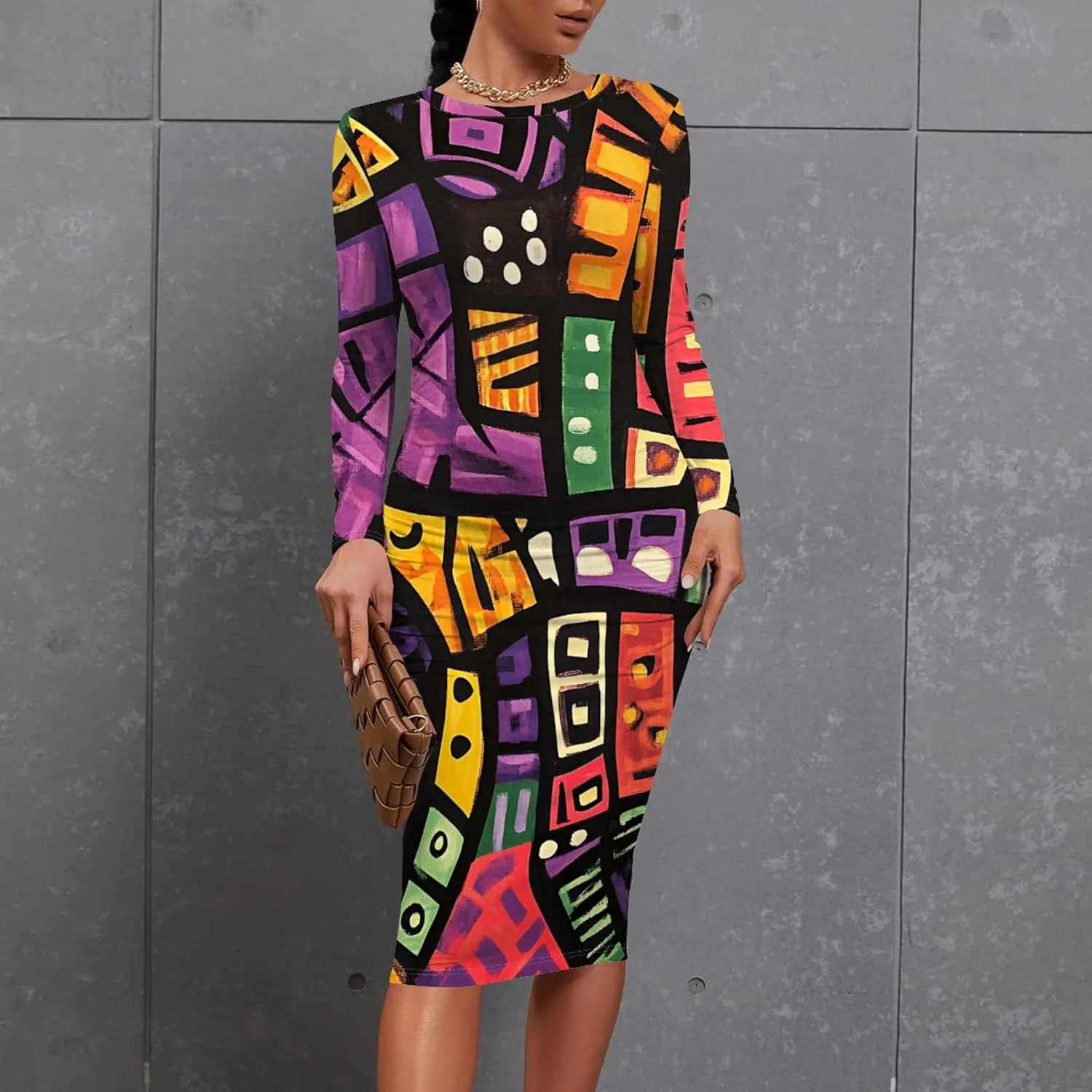 Women's Long Sleeve Sexy Bodycon Dress Club Curve Pencil Skirt Knee Length Basic African Style Party Dress