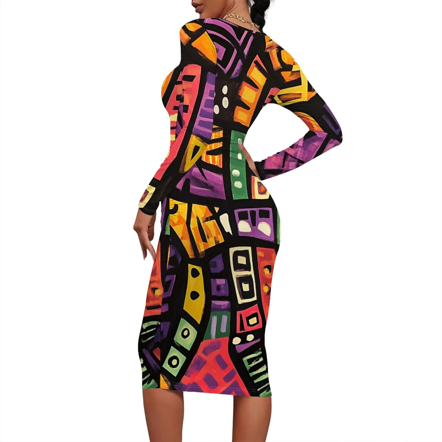 Women's Long Sleeve Sexy Bodycon Dress Club Curve Pencil Skirt Knee Length Basic African Style Party Dress