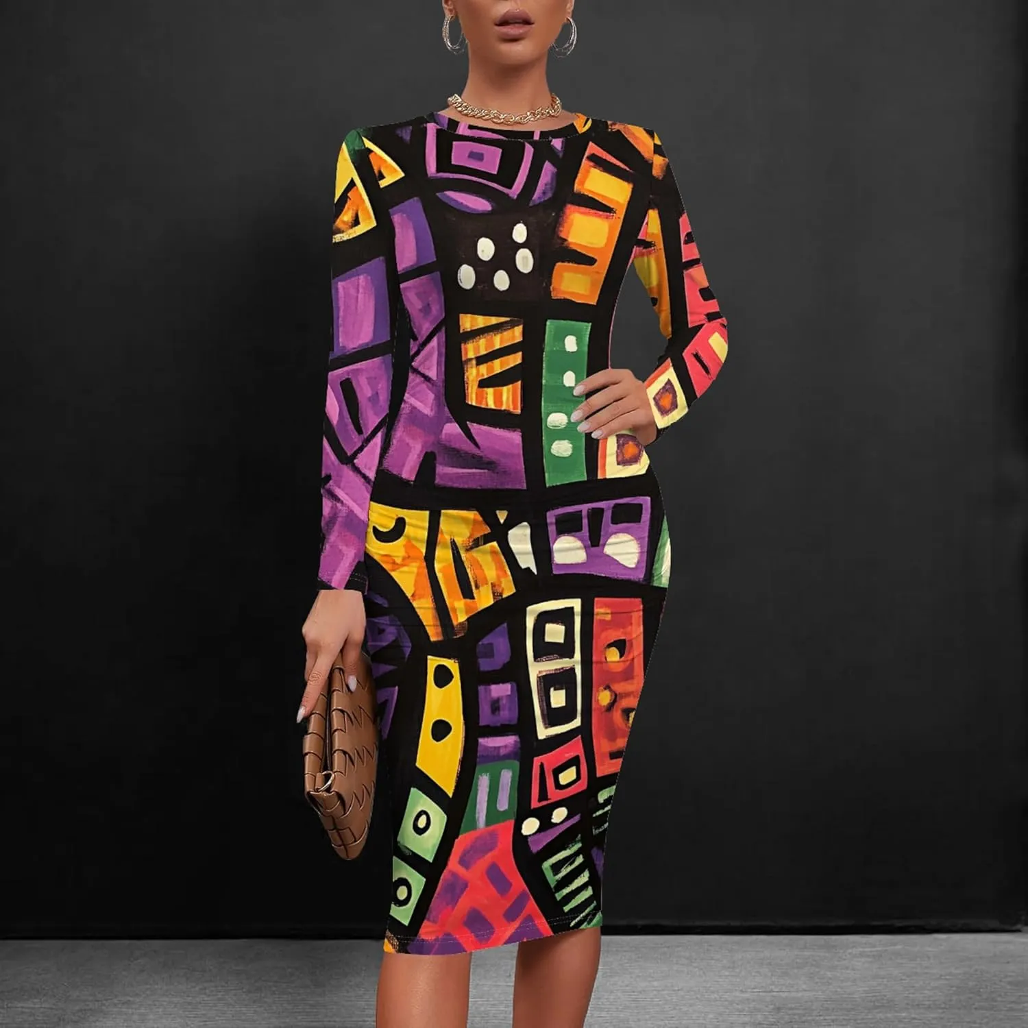Women's Long Sleeve Sexy Bodycon Dress Club Curve Pencil Skirt Knee Length Basic African Style Party Dress
