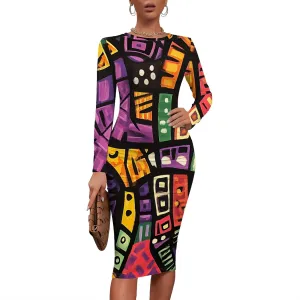 Women's Long Sleeve Sexy Bodycon Dress Club Curve Pencil Skirt Knee Length Basic African Style Party Dress