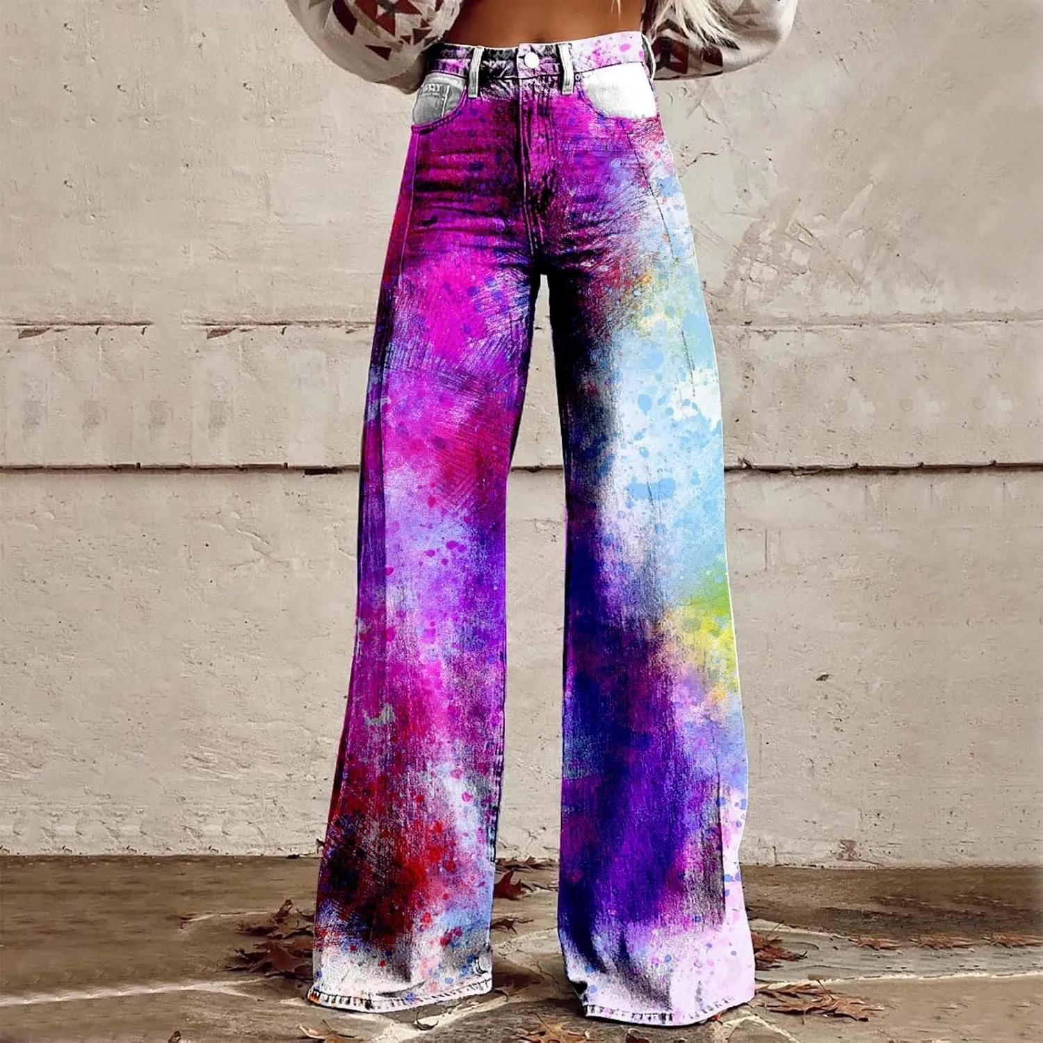Womens Loose Fit Trousers Tie Dye High Waist Flare Wide Leg Baggy Loungre Pants Fashion Vintage Workout Palazzo Pants