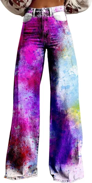 Womens Loose Fit Trousers Tie Dye High Waist Flare Wide Leg Baggy Loungre Pants Fashion Vintage Workout Palazzo Pants