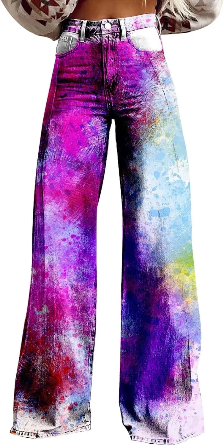 Womens Loose Fit Trousers Tie Dye High Waist Flare Wide Leg Baggy Loungre Pants Fashion Vintage Workout Palazzo Pants