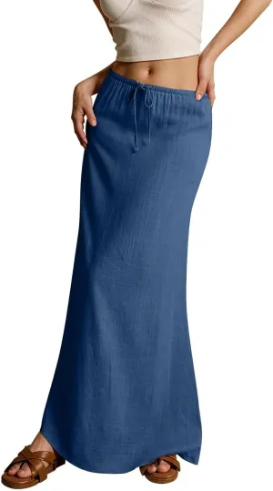 Womens Maxi Skirt Summer Vacation Bodycon Boho Linen Skirts Trendy Low Rise Wrap Comfy Beach Pencil Long Skirts