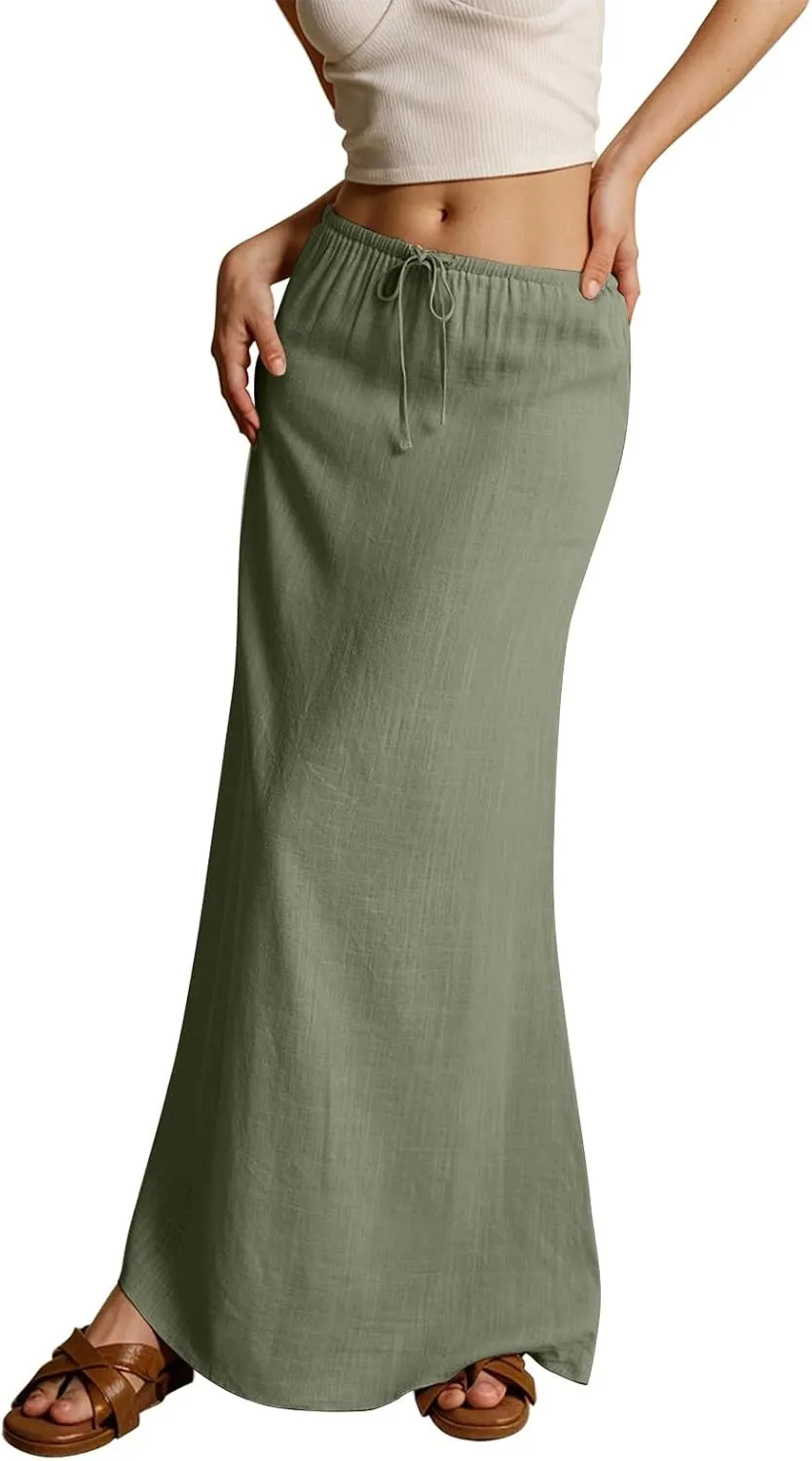 Womens Maxi Skirt Summer Vacation Bodycon Boho Linen Skirts Trendy Low Rise Wrap Comfy Beach Pencil Long Skirts